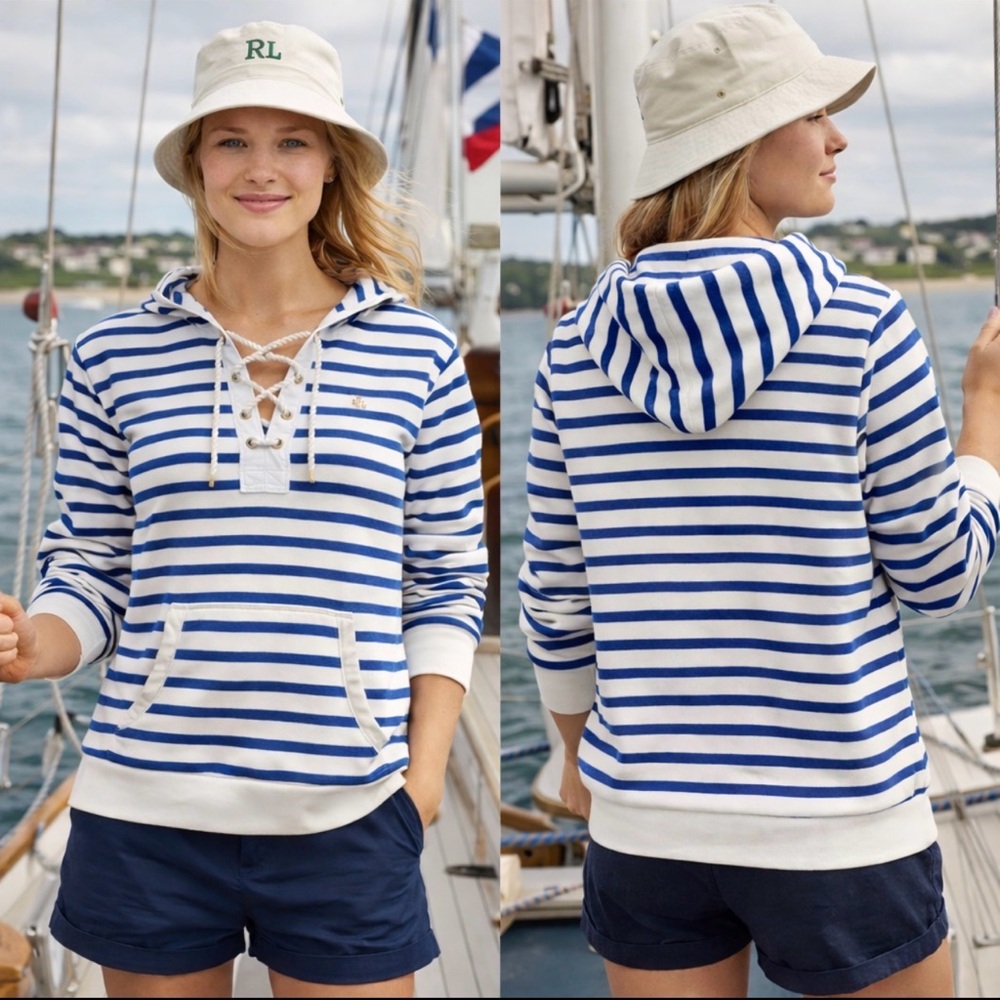 RALPH LAUREN BLUE WHITE STRIPED NAUTICAL V-NECK HOODIE POCKET XL SAILING PREPPY - Picture 2 of 10